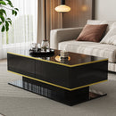 Modern LED Coffee Table With High-Gloss Finish, 100 Cm Length, Gold Accents, 3 Drawers & USB LED Light Strip Adapter-Power Bank Required